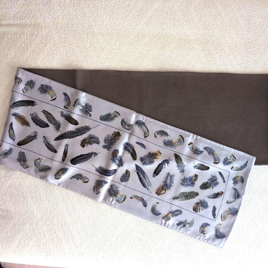 HERMES リバーシブル大判ショール シルク×アンゴラ 羽根柄 青灰 d112