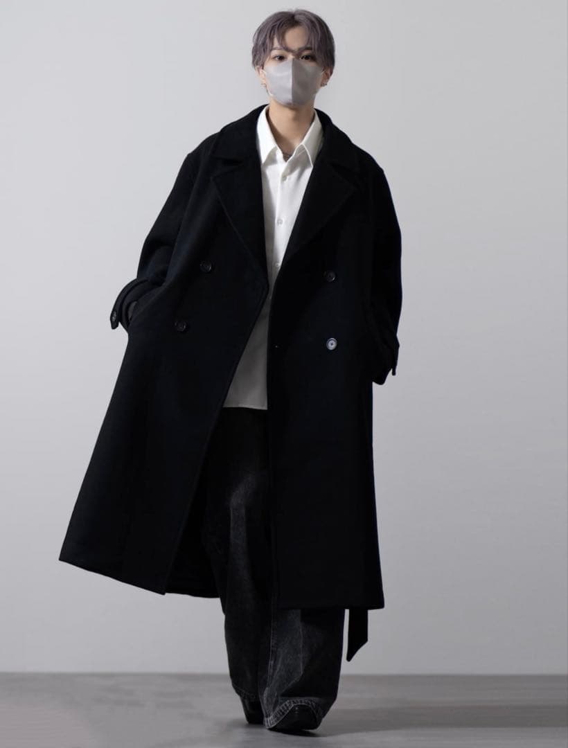 【完売品】 ウールブレンドテックメルトンダブルチェスターコート ブラック XS