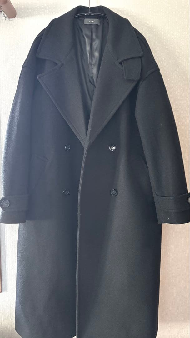 【完売品】 ウールブレンドテックメルトンダブルチェスターコート ブラック XS