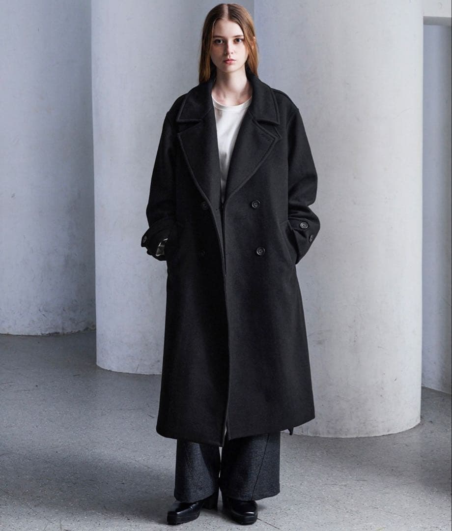 【完売品】 ウールブレンドテックメルトンダブルチェスターコート ブラック XS