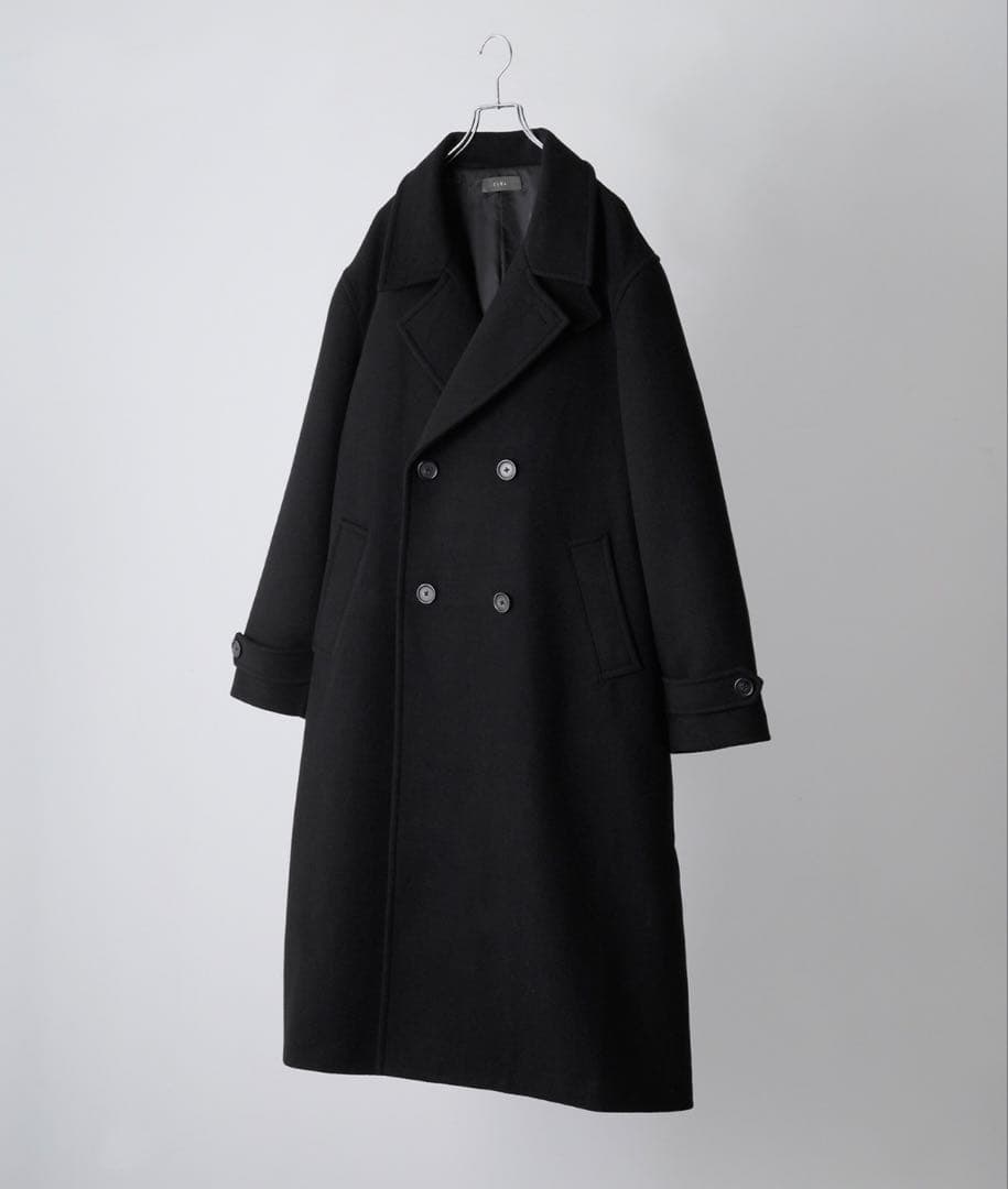 【完売品】 ウールブレンドテックメルトンダブルチェスターコート ブラック XS