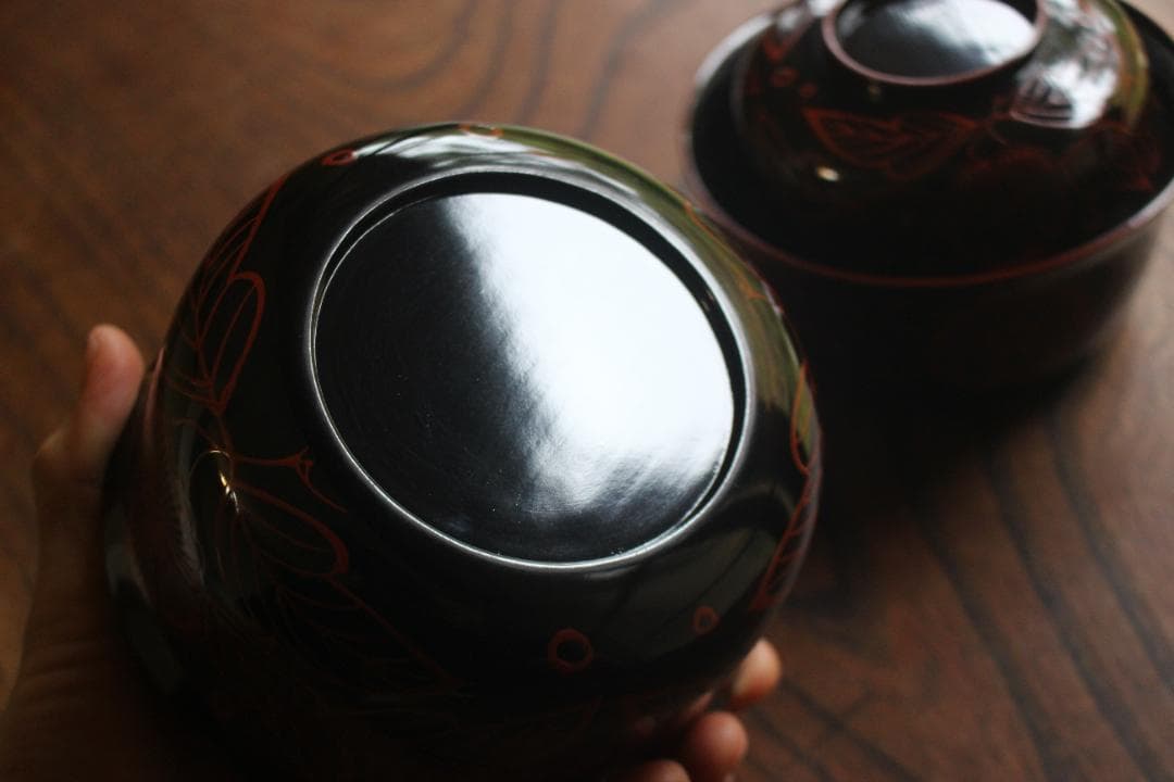 時代逸品！端正な爪朱黒漆に風情ある木芙蓉文の美しい吉野塗の四つ椀（検懐石道具京塗