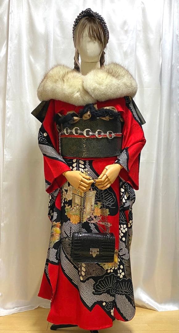 振袖 フルセット 絞り 赤黒 正絹