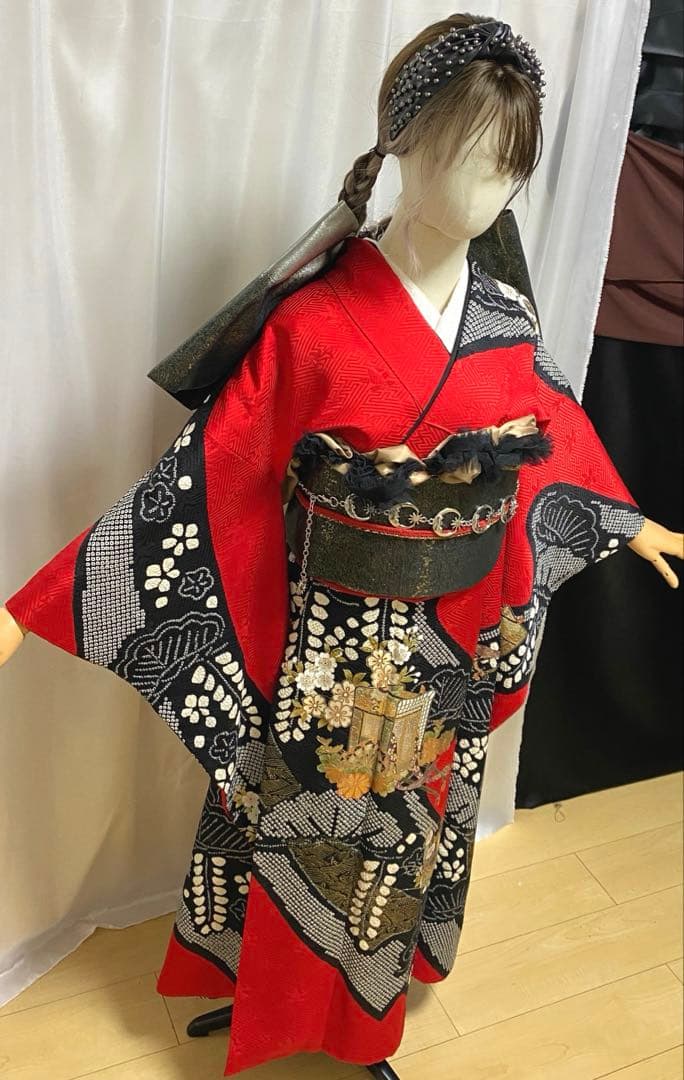 振袖 フルセット 絞り 赤黒 正絹