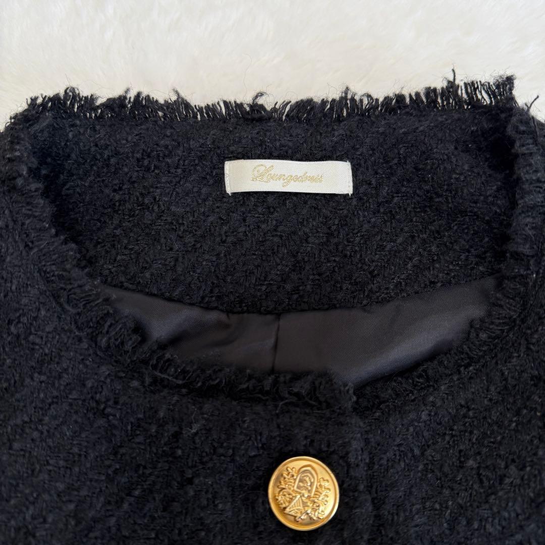 ラウンジドレス ノーカラー ツイードジャケット 金ボタン オーバーサイズ 黒