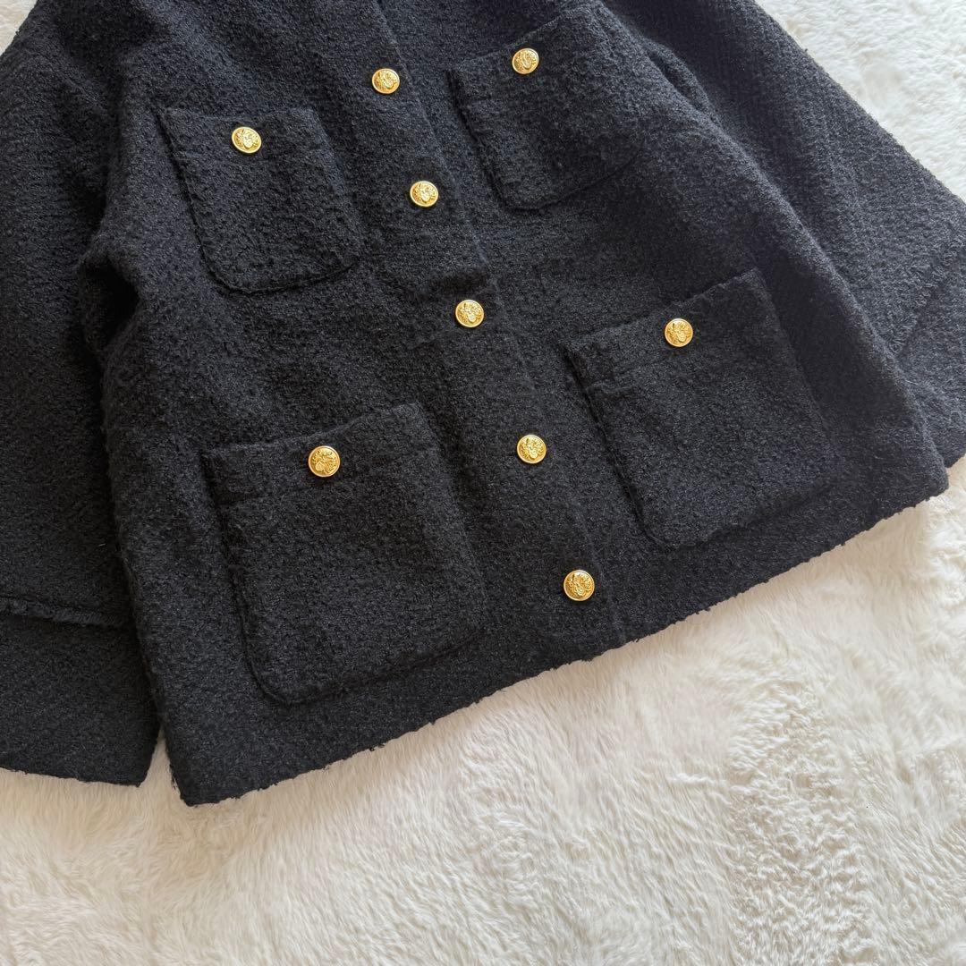 ラウンジドレス ノーカラー ツイードジャケット 金ボタン オーバーサイズ 黒