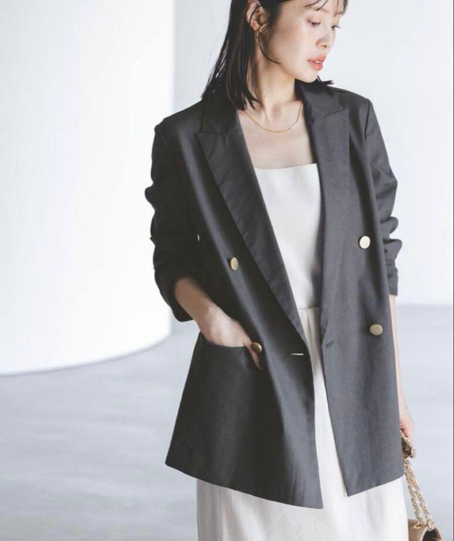 k*n様 【試着のみ】NOBLE 麻ストレッチピークドラペルダブルジャケット