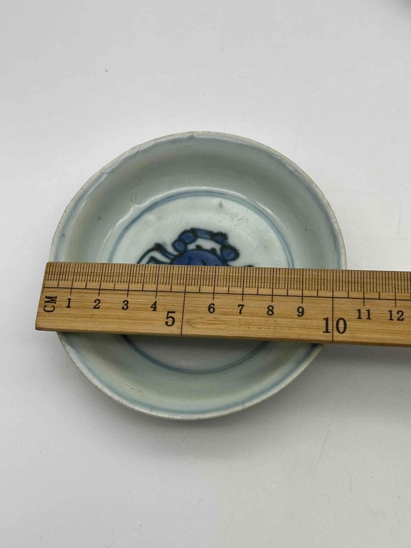 明時代　染付 青花蟹文盤一対　【希少貴重】【旧家蔵出し】　古染付皿(B-48)