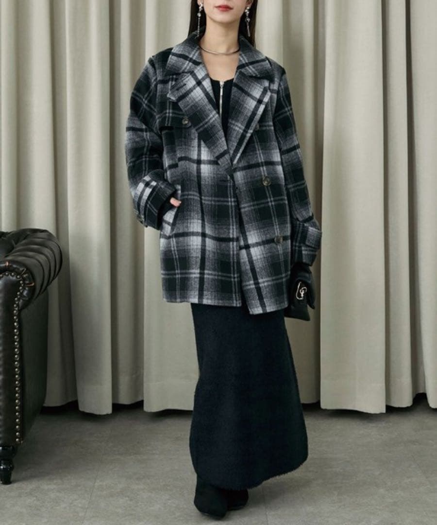 Elishe エリシェ 2WAYチェックミドルコート グレー