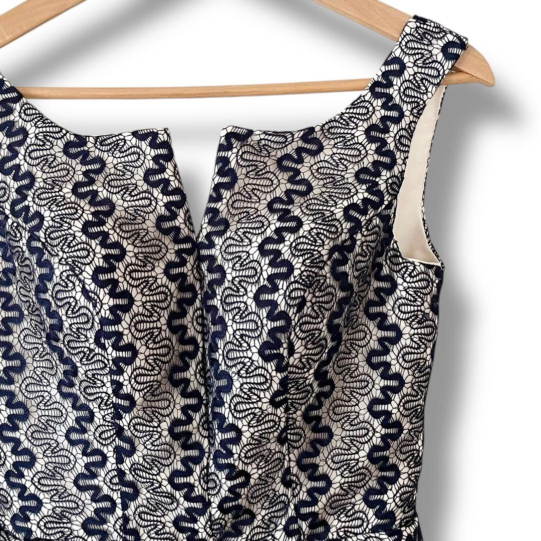 美品 インポート パーティードレス レース ひざ丈 フレア ワンピース ネイビー