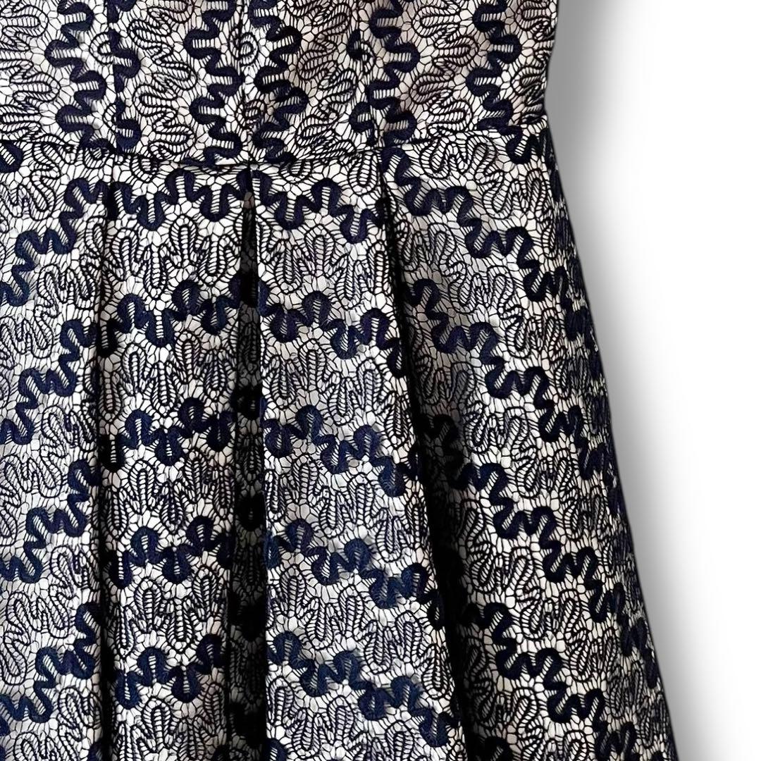 美品 インポート パーティードレス レース ひざ丈 フレア ワンピース ネイビー