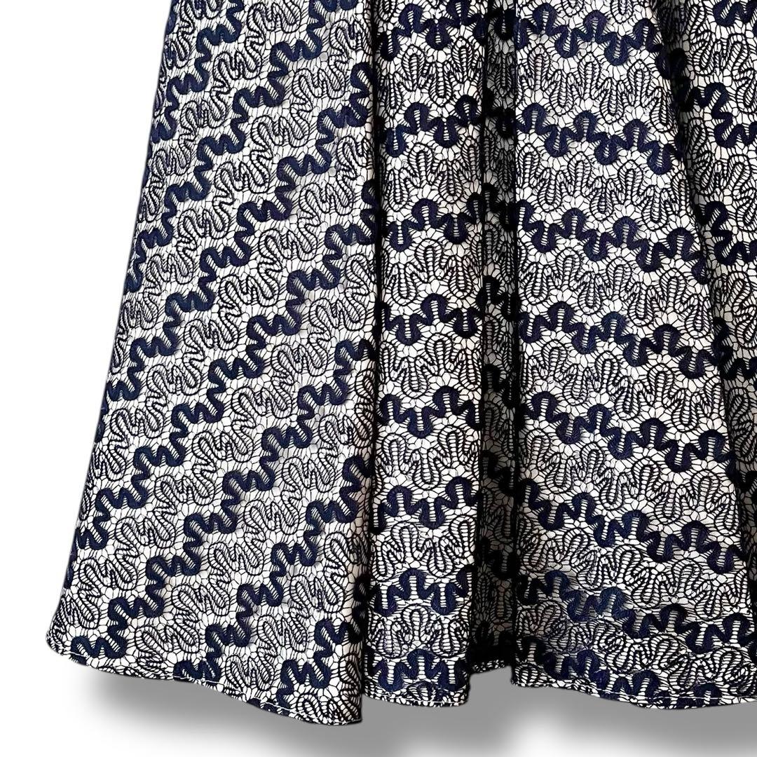 美品 インポート パーティードレス レース ひざ丈 フレア ワンピース ネイビー