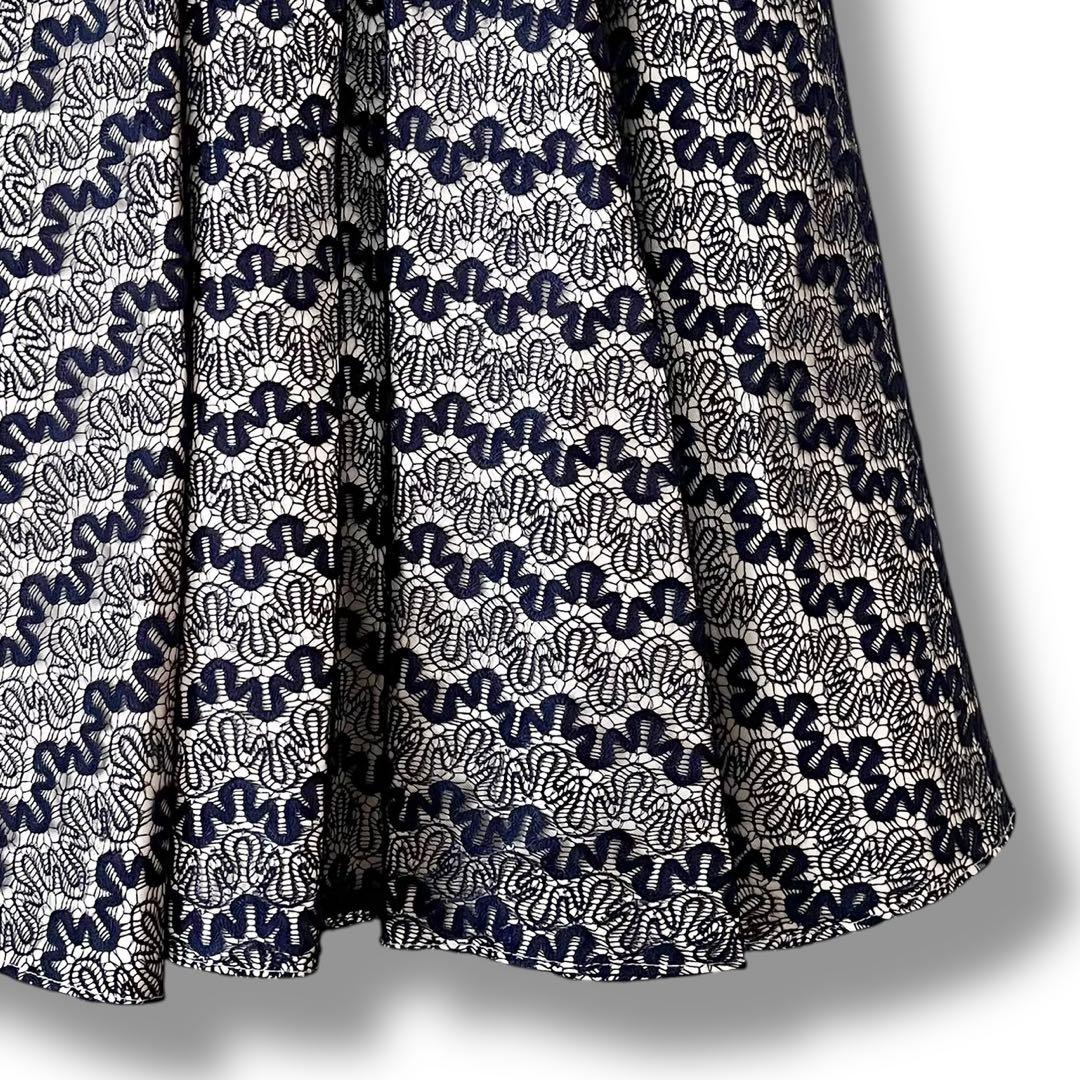 美品 インポート パーティードレス レース ひざ丈 フレア ワンピース ネイビー