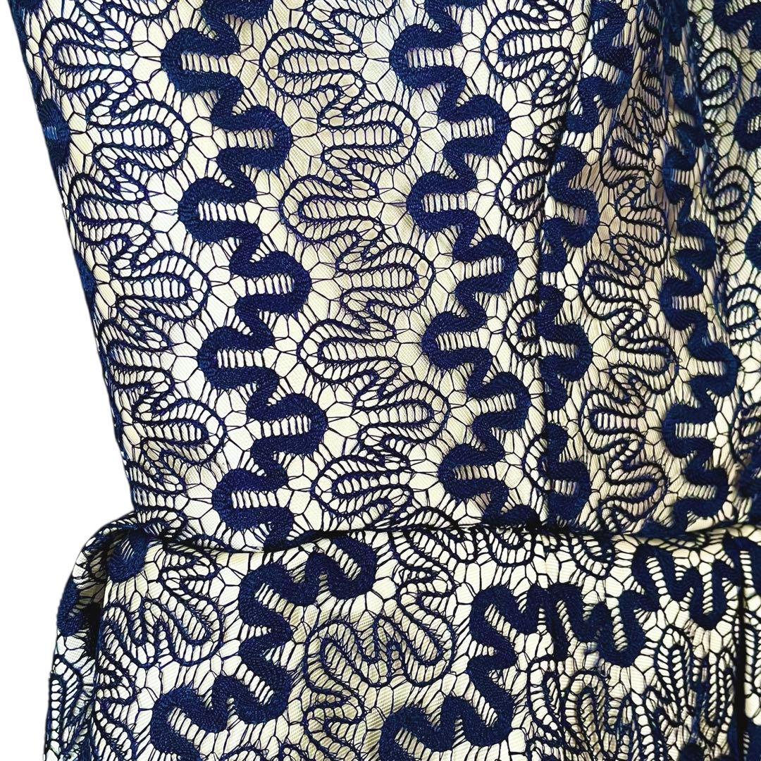 美品 インポート パーティードレス レース ひざ丈 フレア ワンピース ネイビー