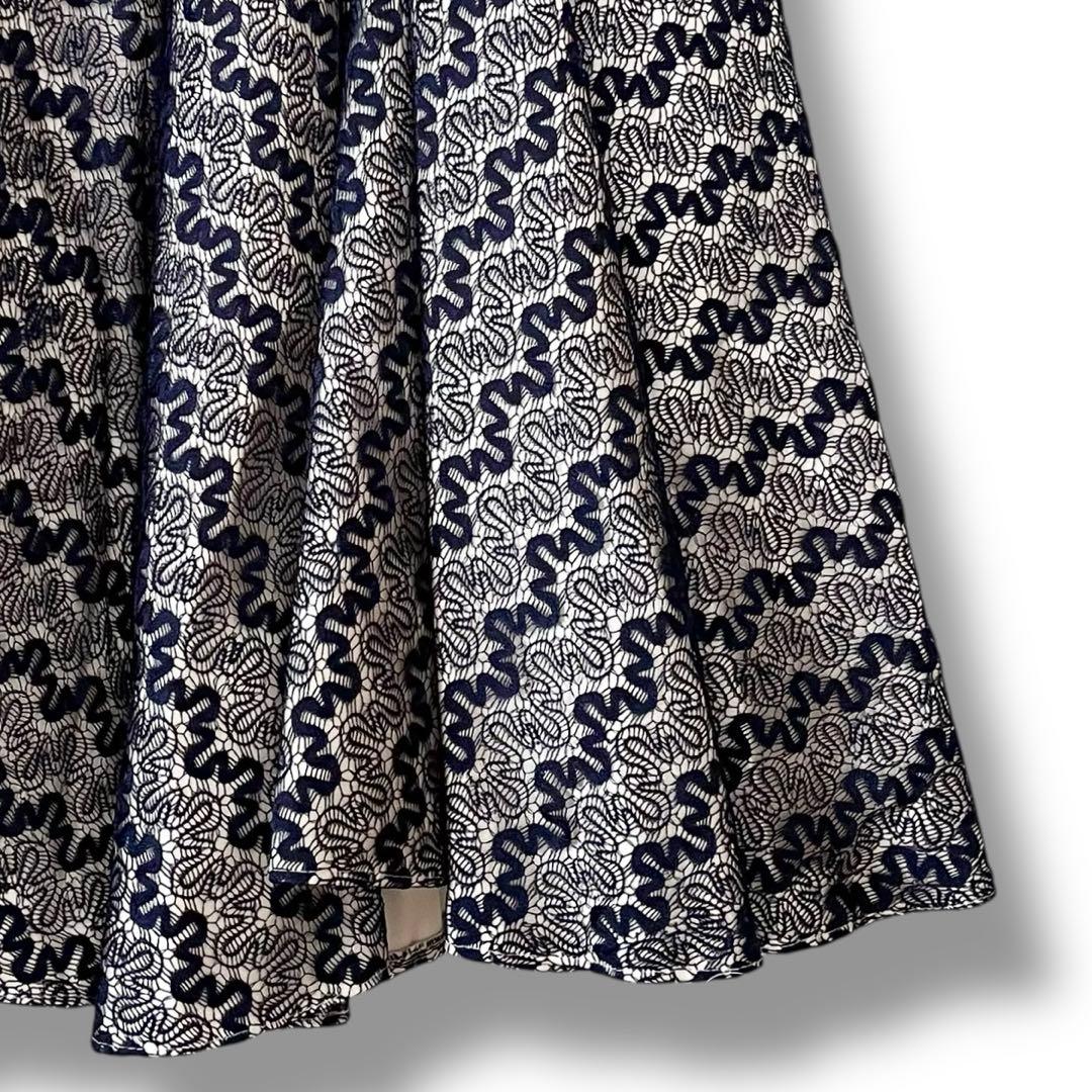 美品 インポート パーティードレス レース ひざ丈 フレア ワンピース ネイビー