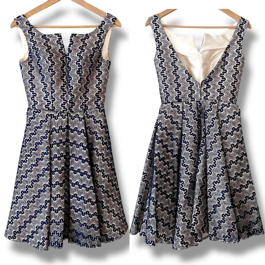 美品 インポート パーティードレス レース ひざ丈 フレア ワンピース ネイビー