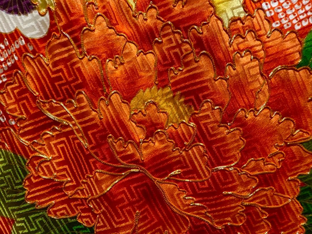 正絹振袖フルセット★金駒刺繍★大輪花紋様★オレンジ色