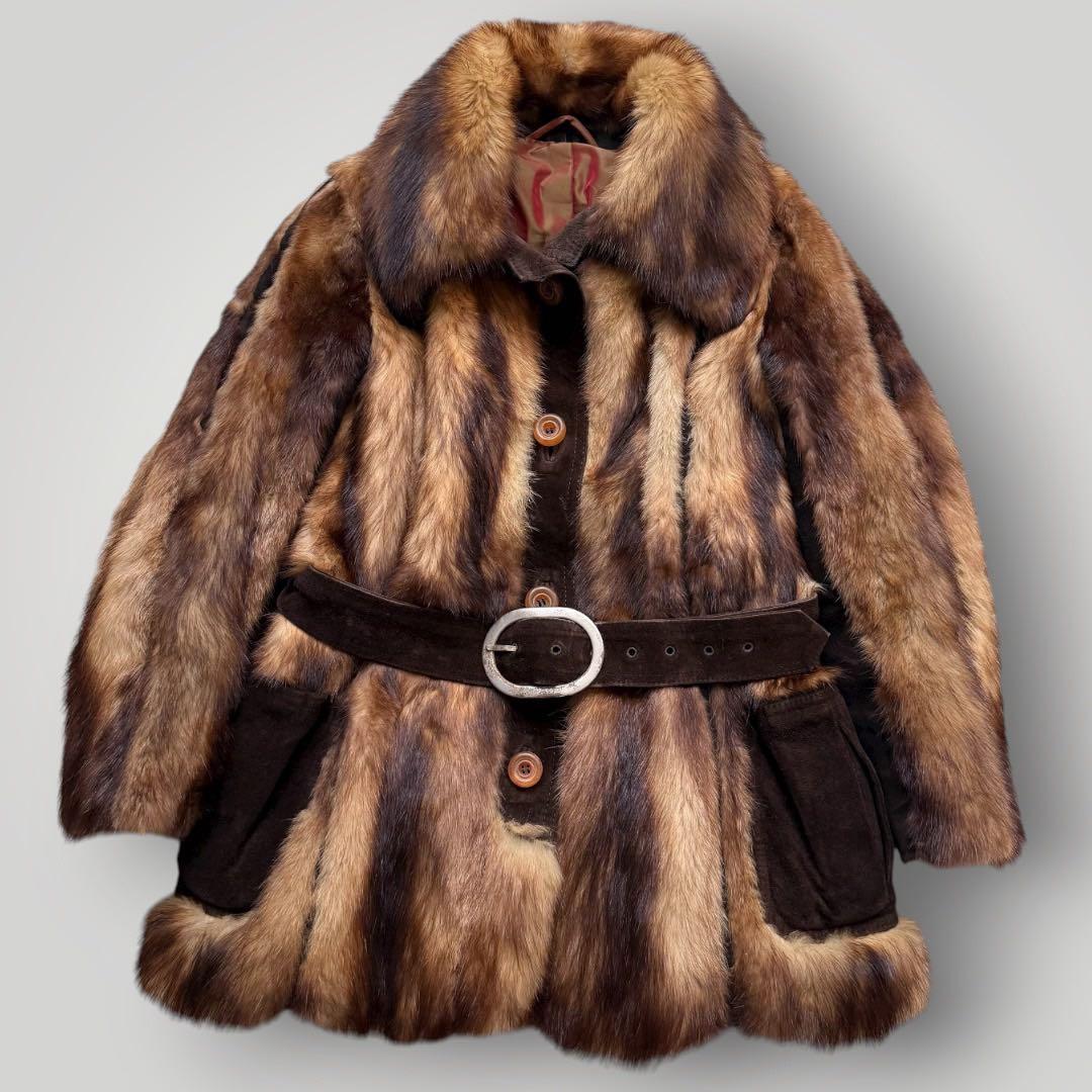 希少 フィッチ 毛皮コート リアルファーコート 本毛皮 レザーベルト