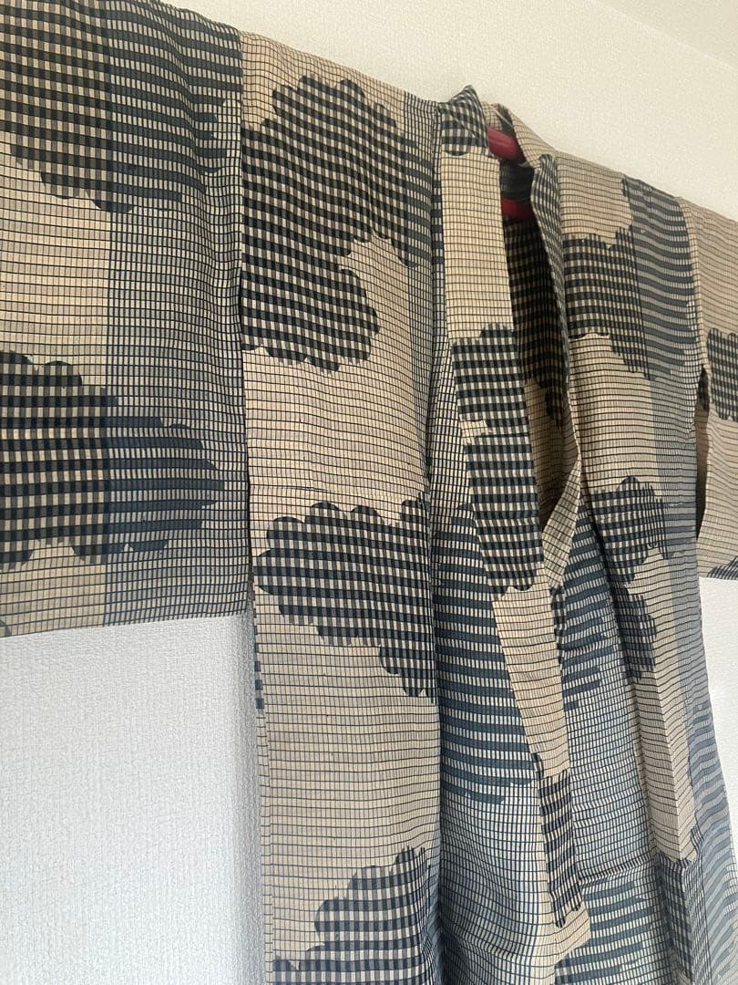 【高級、越後片貝】貴重な細かなチェックの織模様、小千谷縮、時代物☆正絹 着物