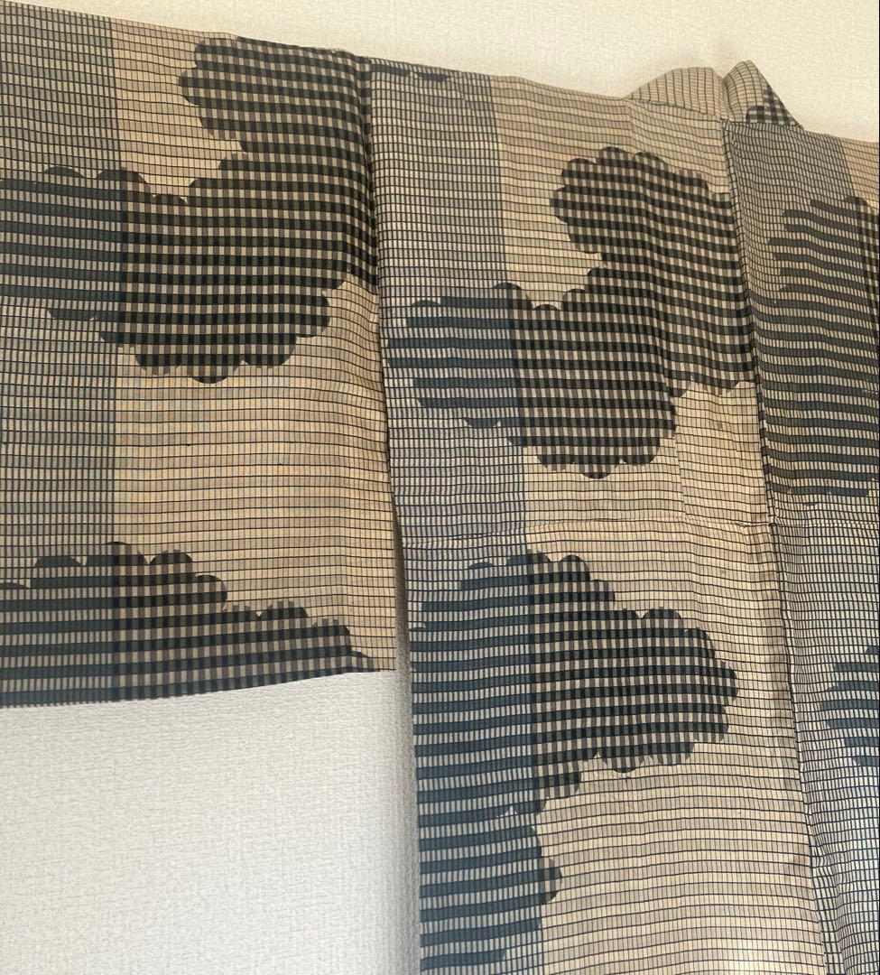 【高級、越後片貝】貴重な細かなチェックの織模様、小千谷縮、時代物☆正絹 着物