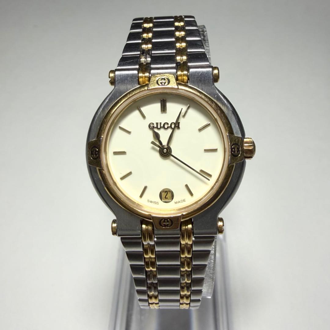 稼働品★GUCCIグッチ腕時計 アイボリー デイト QZ 9000L 2ERY