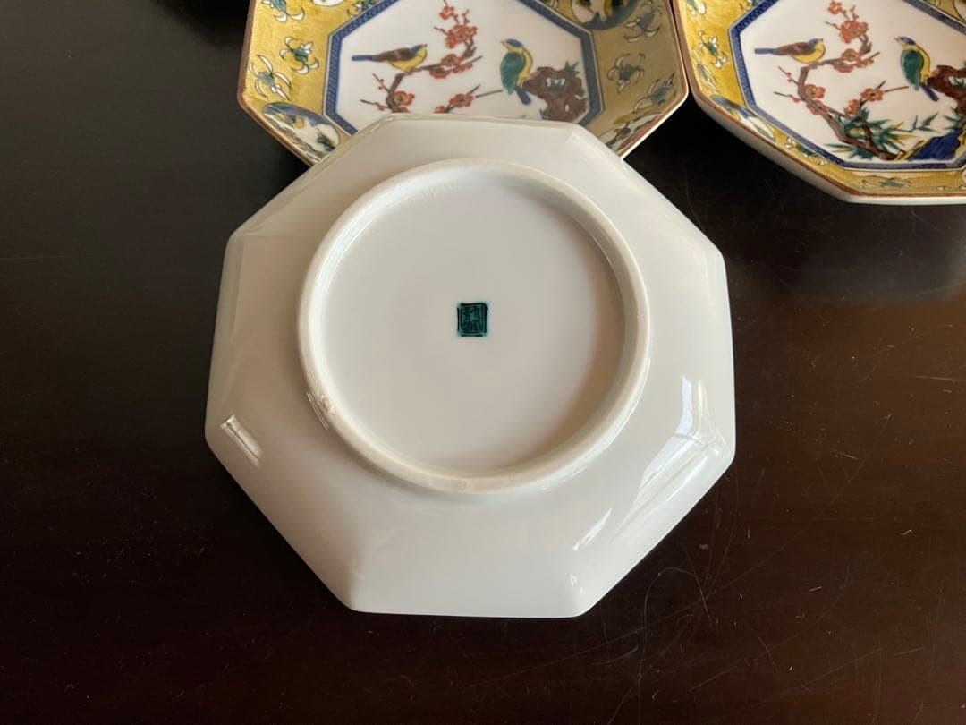 九谷焼　青郊窯　吉田屋風　丸紋間取花鳥　銘々皿　八角皿　小皿　５枚　皿揃　菓子皿