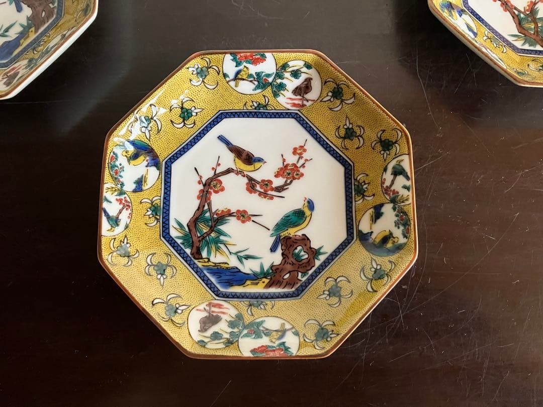 九谷焼　青郊窯　吉田屋風　丸紋間取花鳥　銘々皿　八角皿　小皿　５枚　皿揃　菓子皿