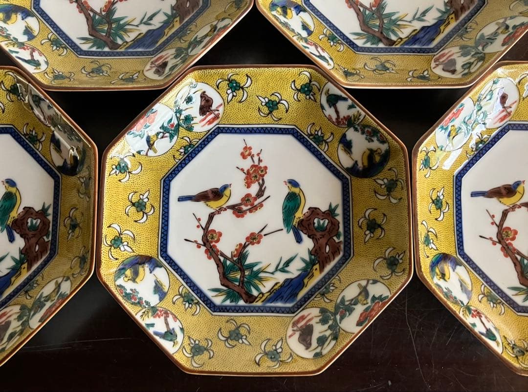 九谷焼　青郊窯　吉田屋風　丸紋間取花鳥　銘々皿　八角皿　小皿　５枚　皿揃　菓子皿