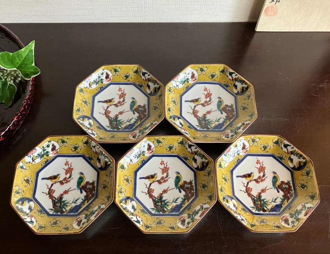 九谷焼　青郊窯　吉田屋風　丸紋間取花鳥　銘々皿　八角皿　小皿　５枚　皿揃　菓子皿