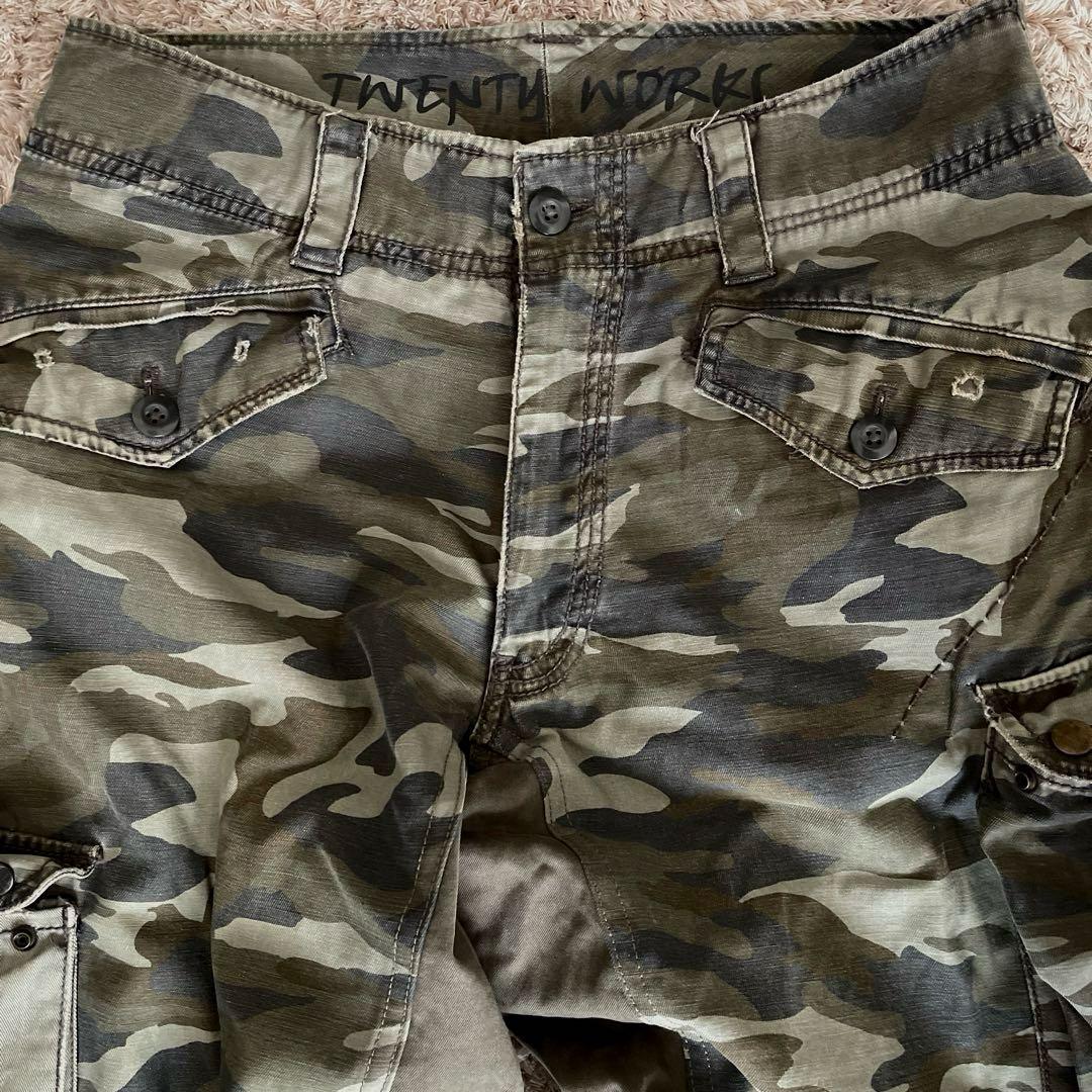 カーゴパンツ　リメイク　迷彩　カーキ　ドッキング