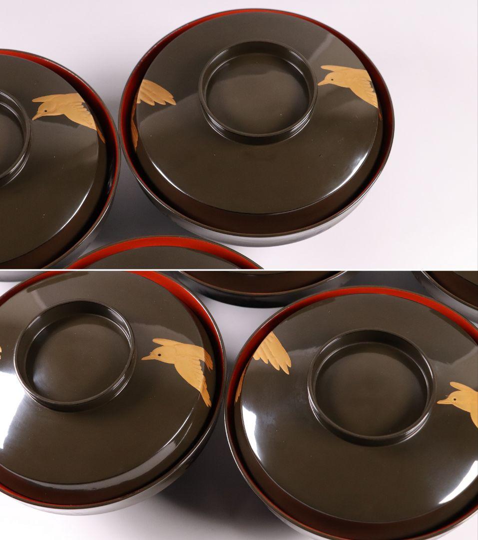 CL16 時代木製漆器 森に鳥 金蒔絵 吸物椀 五客 黒塗 朱塗 闇絵