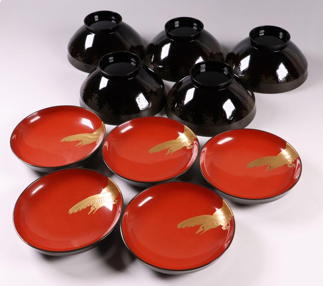 CL16 時代木製漆器 森に鳥 金蒔絵 吸物椀 五客 黒塗 朱塗 闇絵