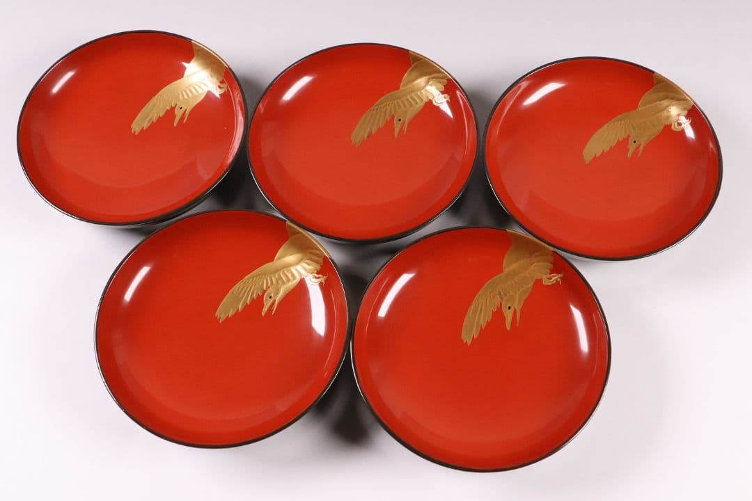 CL16 時代木製漆器 森に鳥 金蒔絵 吸物椀 五客 黒塗 朱塗 闇絵