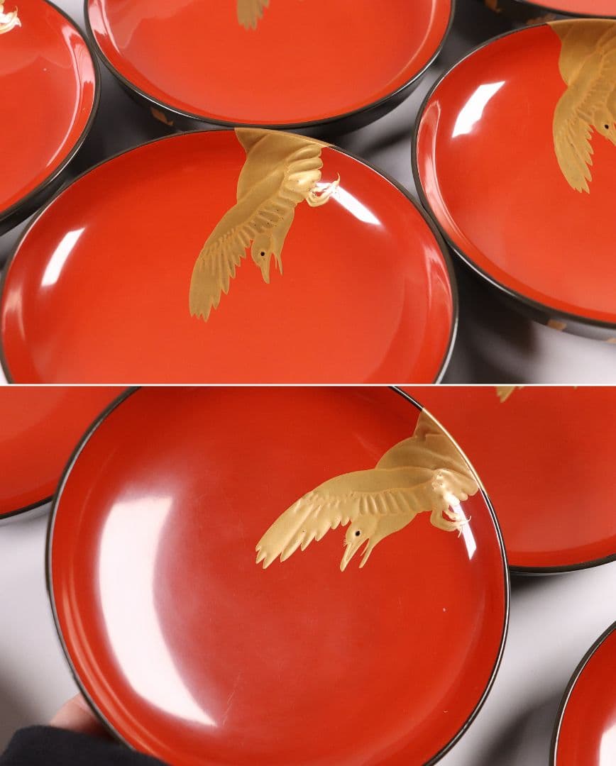 CL16 時代木製漆器 森に鳥 金蒔絵 吸物椀 五客 黒塗 朱塗 闇絵