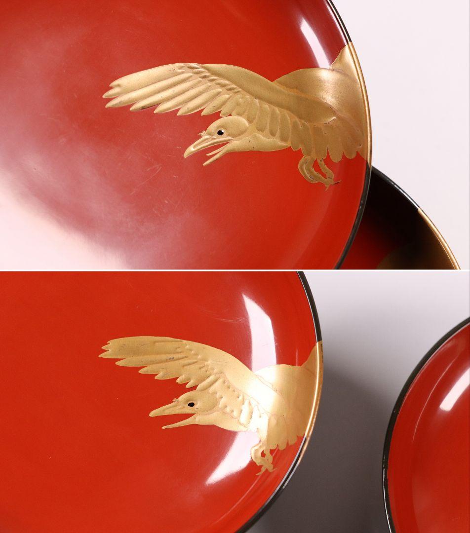 CL16 時代木製漆器 森に鳥 金蒔絵 吸物椀 五客 黒塗 朱塗 闇絵