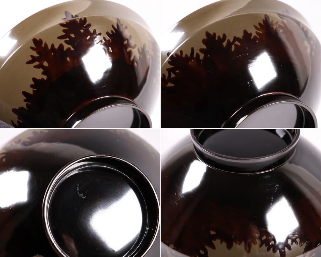 CL16 時代木製漆器 森に鳥 金蒔絵 吸物椀 五客 黒塗 朱塗 闇絵