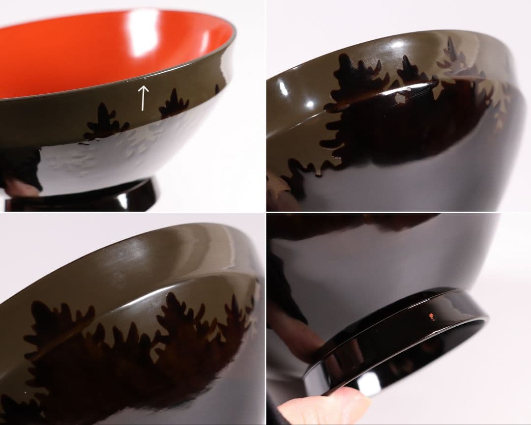 CL16 時代木製漆器 森に鳥 金蒔絵 吸物椀 五客 黒塗 朱塗 闇絵