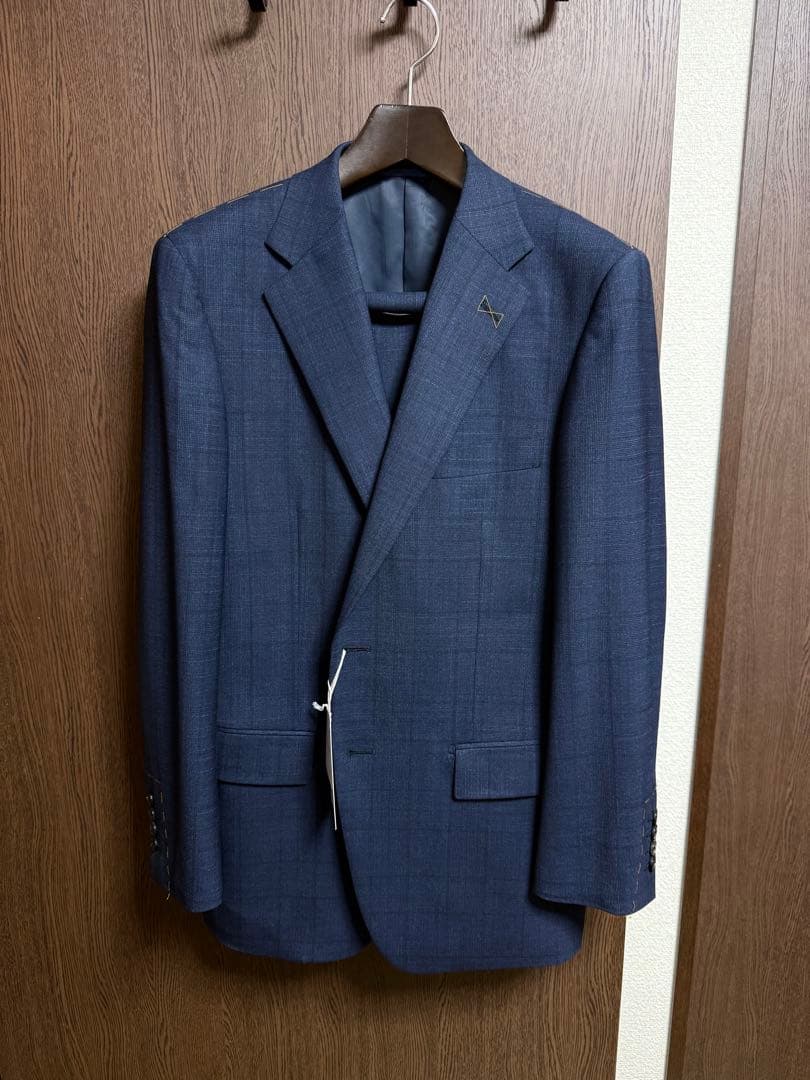 AB6新品未使用！最高級イタリア素材ロロピアーナ！ネイビーチェック柄スーツ！小訳