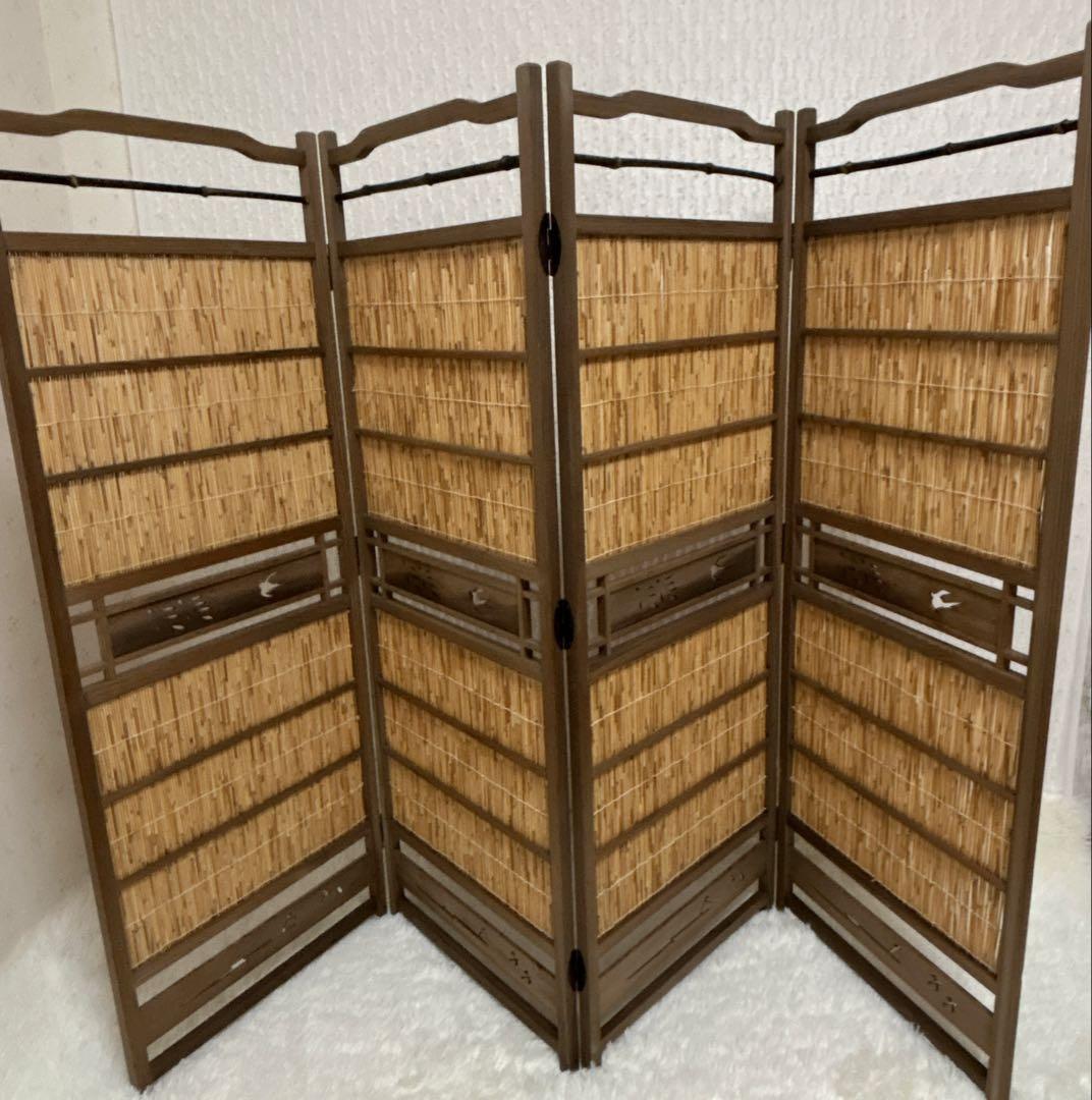 昭和レトロ 竹簾 屏風 衝立 4連 パーテーション 目隠し 四つ折り 透かし彫り