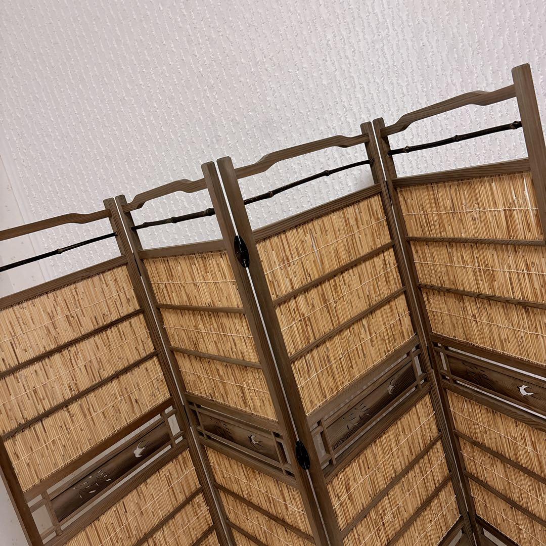 昭和レトロ 竹簾 屏風 衝立 4連 パーテーション 目隠し 四つ折り 透かし彫り