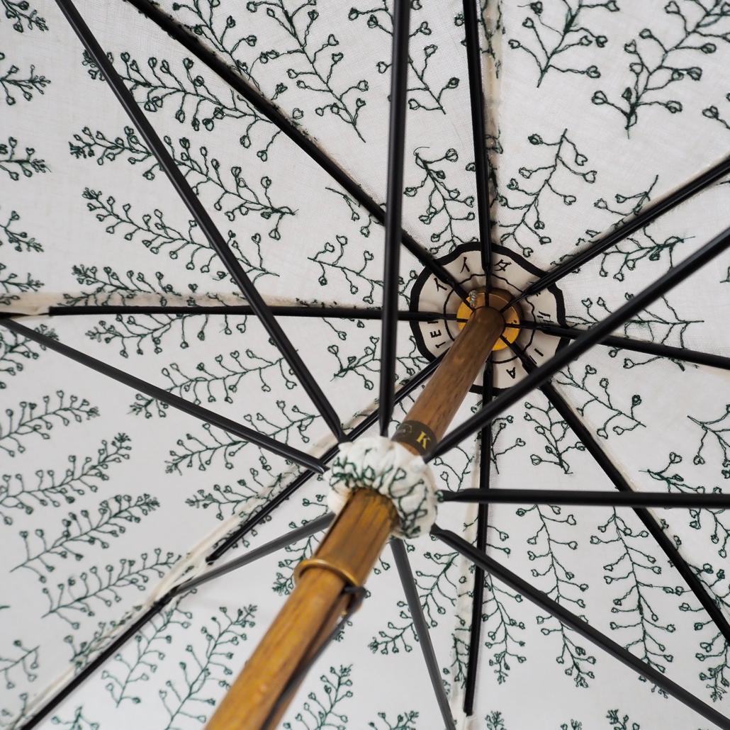 美品 イイダ傘店 日傘 ぺんぺん草 綿麻 刺繍 総柄 UVカット加工 45cm