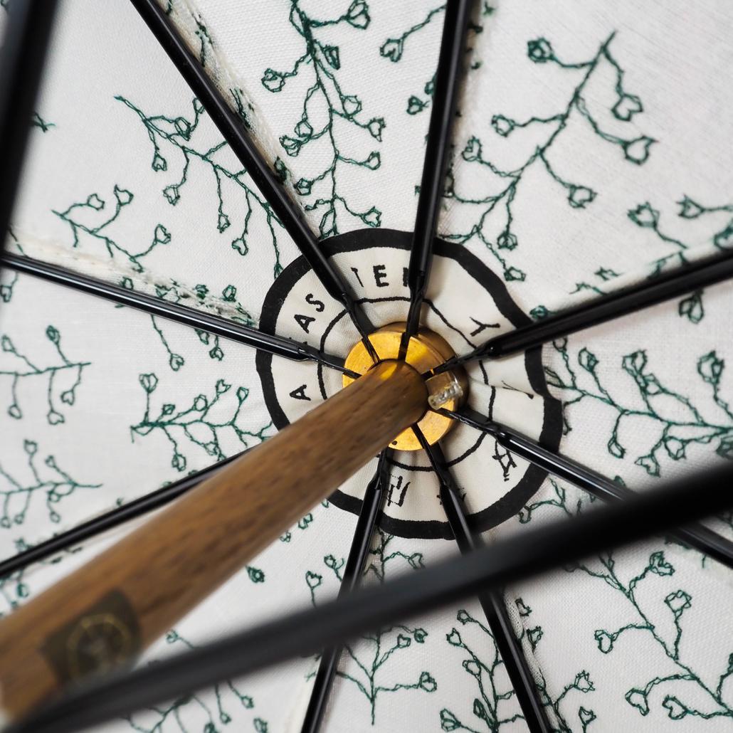 美品 イイダ傘店 日傘 ぺんぺん草 綿麻 刺繍 総柄 UVカット加工 45cm