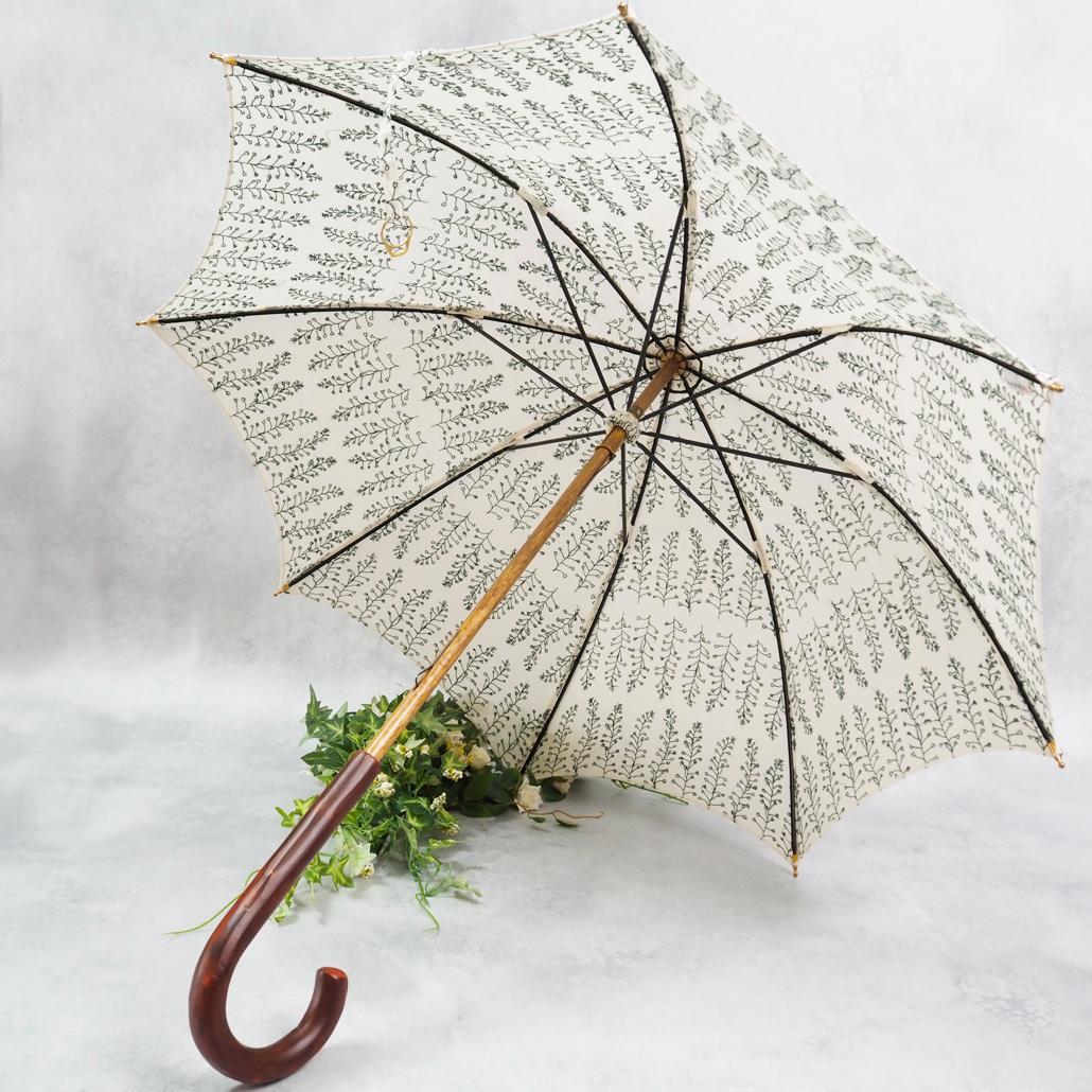 美品 イイダ傘店 日傘 ぺんぺん草 綿麻 刺繍 総柄 UVカット加工 45cm