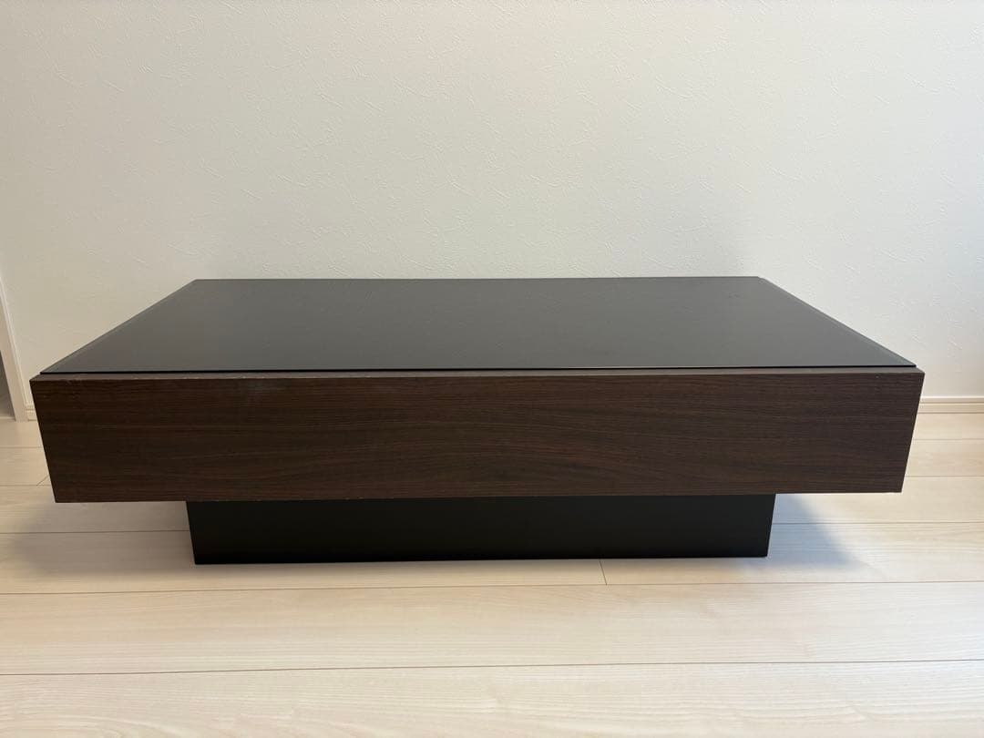 センターテーブル引き出し付き　ガラストップ　ダークブラウン