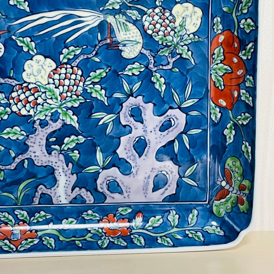 有田焼 源右衛門 染錦古代花鳥図 角平皿 四角 スクエアプレート トレー