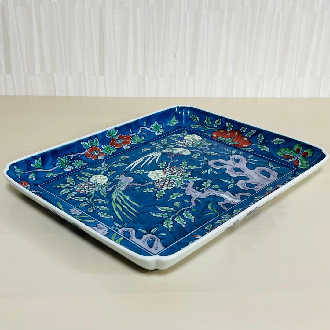 有田焼 源右衛門 染錦古代花鳥図 角平皿 四角 スクエアプレート トレー