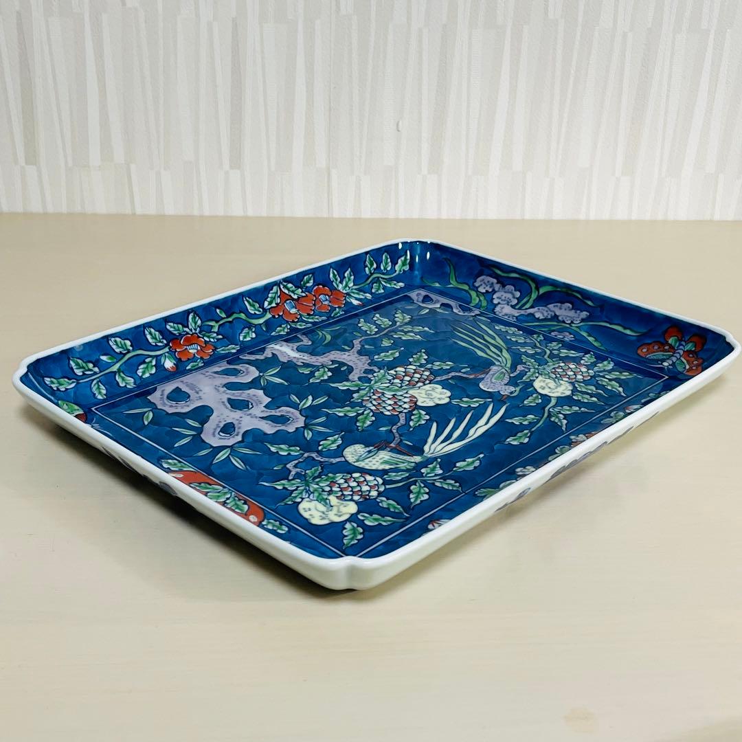 有田焼 源右衛門 染錦古代花鳥図 角平皿 四角 スクエアプレート トレー