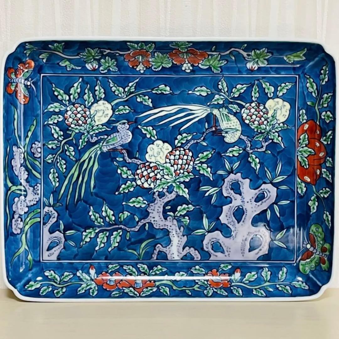 有田焼 源右衛門 染錦古代花鳥図 角平皿 四角 スクエアプレート トレー