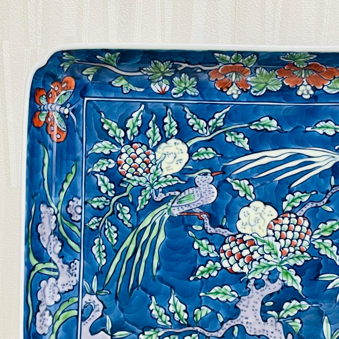 有田焼 源右衛門 染錦古代花鳥図 角平皿 四角 スクエアプレート トレー