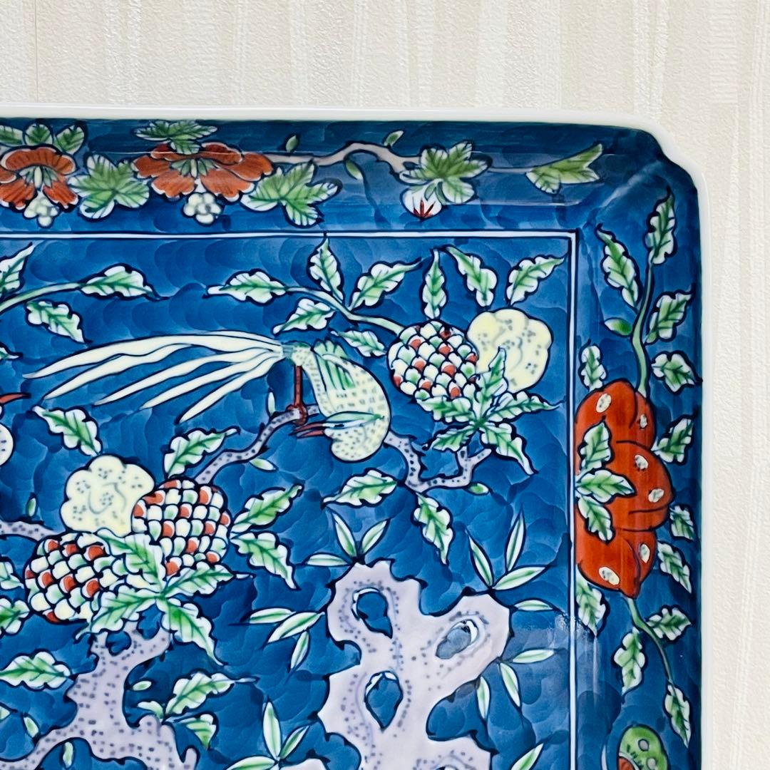 有田焼 源右衛門 染錦古代花鳥図 角平皿 四角 スクエアプレート トレー